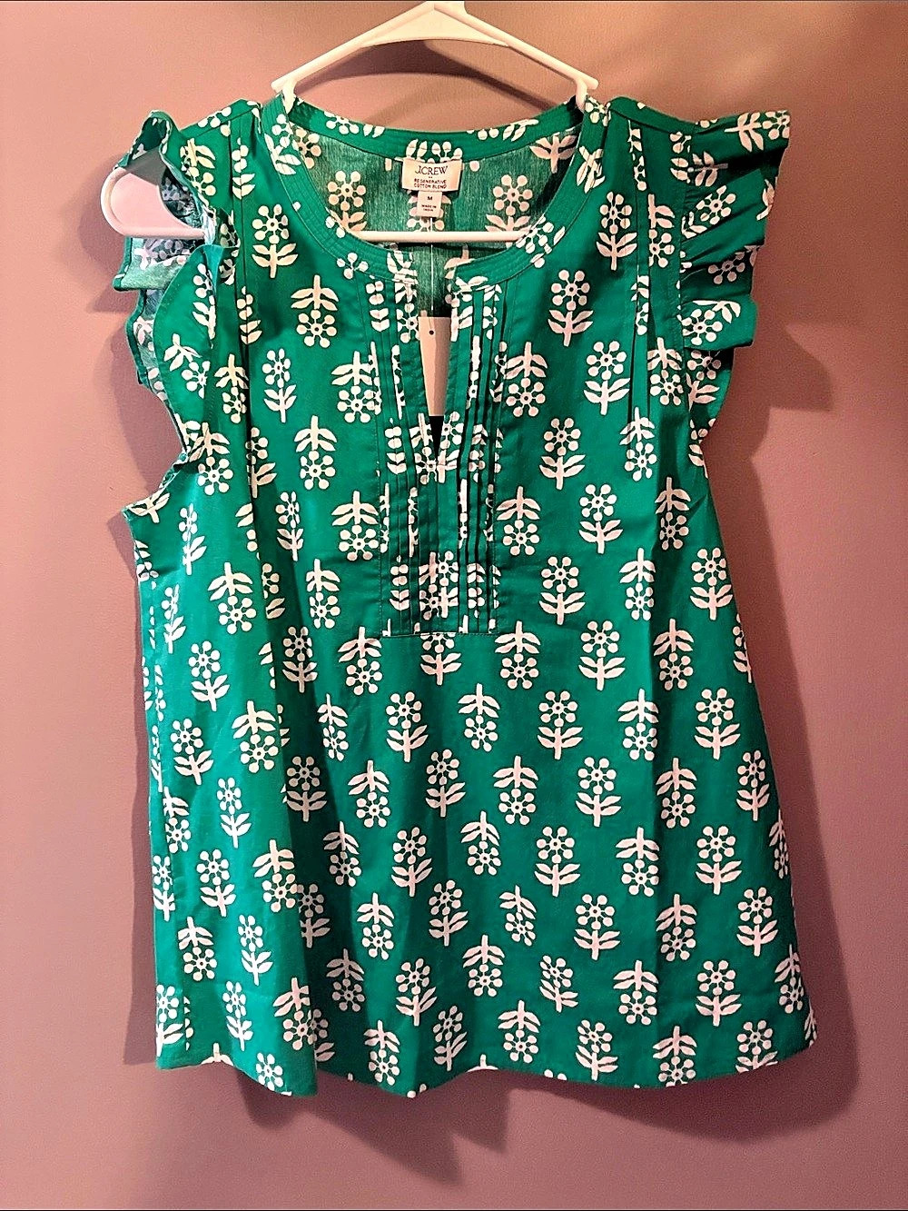 J.Crew Regenerative Cotton Blend Blouse Floral Blouse in Green & White Size